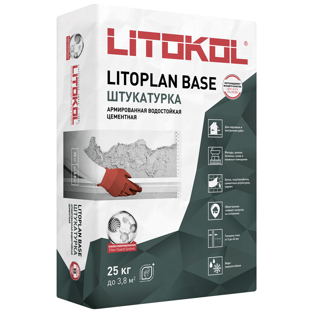 Штукатурка цементная Litokol Litoplan Base водостойкая армированная 25 кг - изображение 1