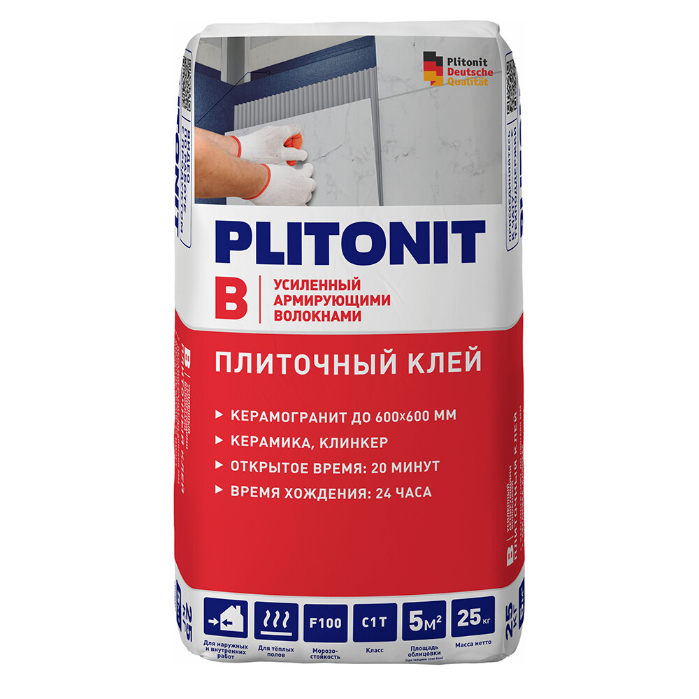 Клей для плитки/ керамогранита/ клинкера Plitonit В усиленный армирующими волокнами серый класс C1 T 25 кг - изображение 1