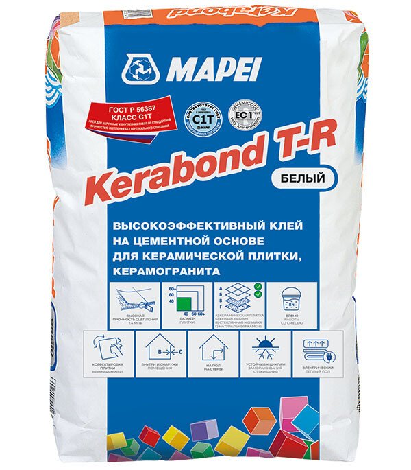 Клей для плитки/ керамогранита/ мозаики/ камня Mapei Kerabond T-R высокопрочный белый класс C1 T 25 кг - изображение 1