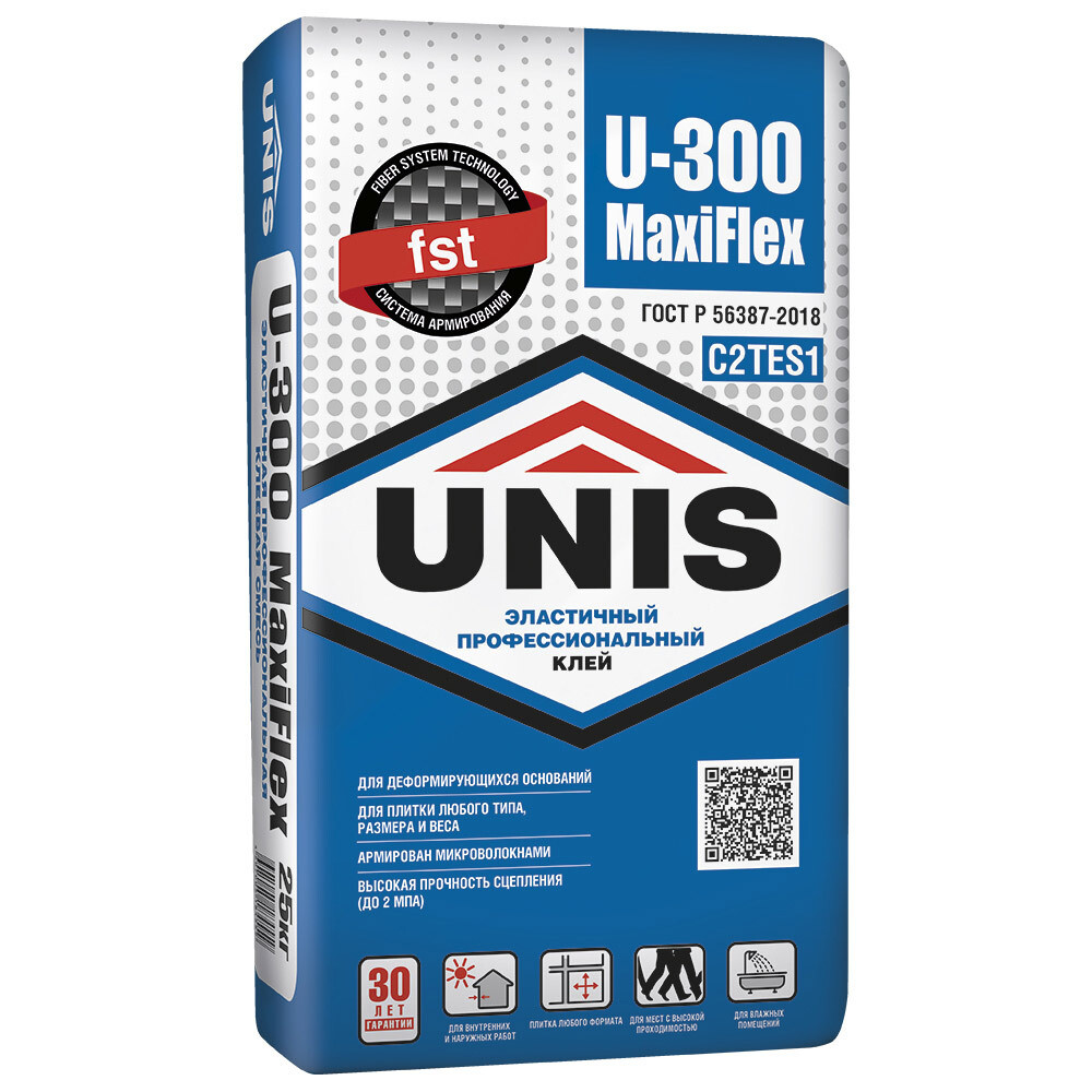 Клей для плитки/ керамогранита/ камня Unis Maxiflex U-300 эластичный армированный серый класс C2 TE S1 25 кг - изображение 1