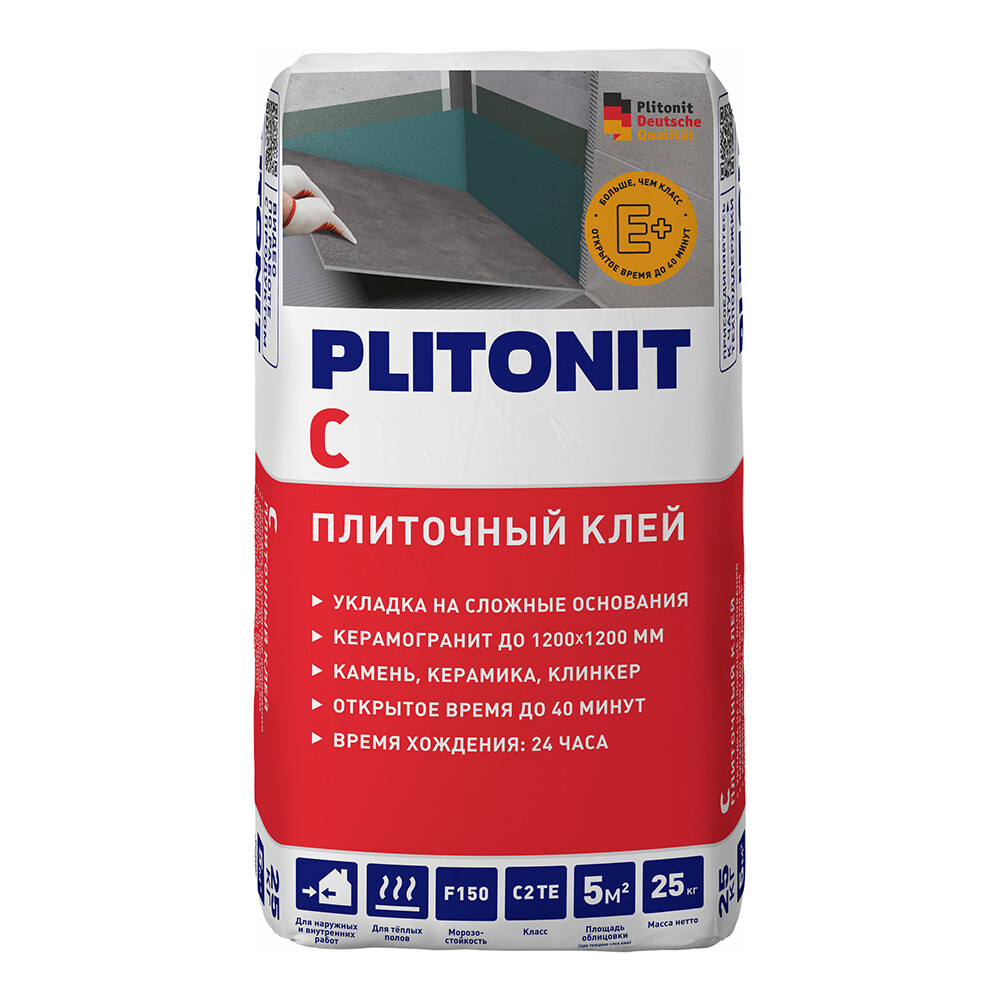 Клей для плитки/ керамогранита/ камня Plitonit С для облицовки сложных поверхностей серый класс C2 TE 25 кг - изображение 1