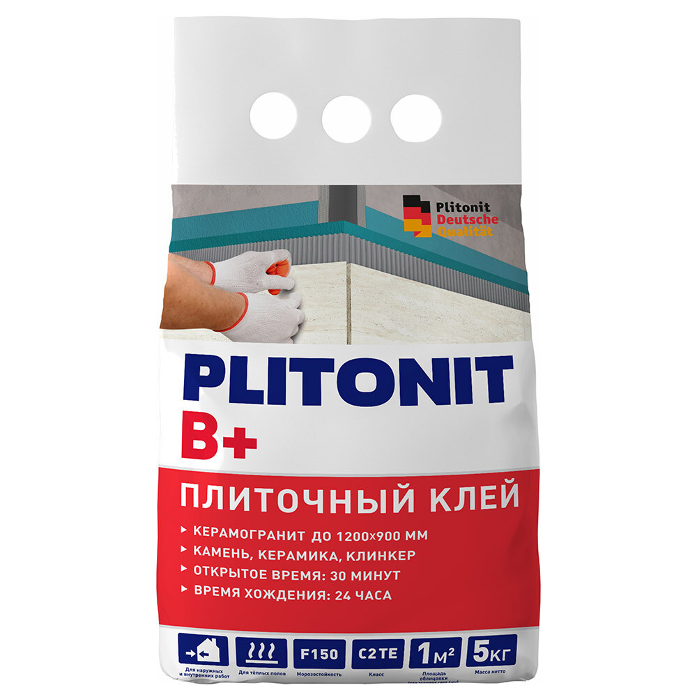 Клей для плитки/ керамогранита/ камня/ клинкера Plitonit В+ серый класс C2 TE 5 кг - изображение 1
