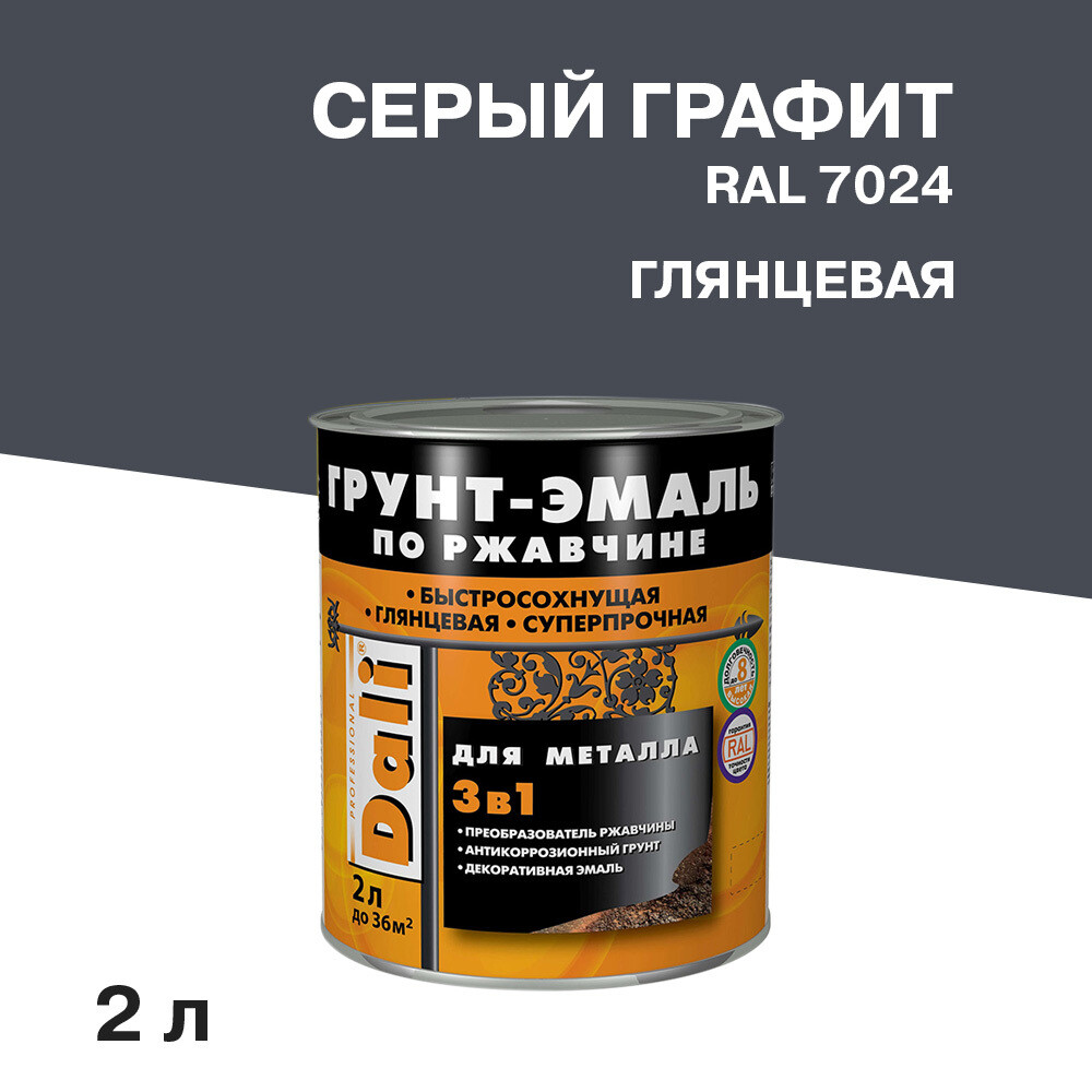 Грунт-эмаль по ржавчине 3в1 Dali серый графит RAL 7024 глянцевая 2 л - изображение 1