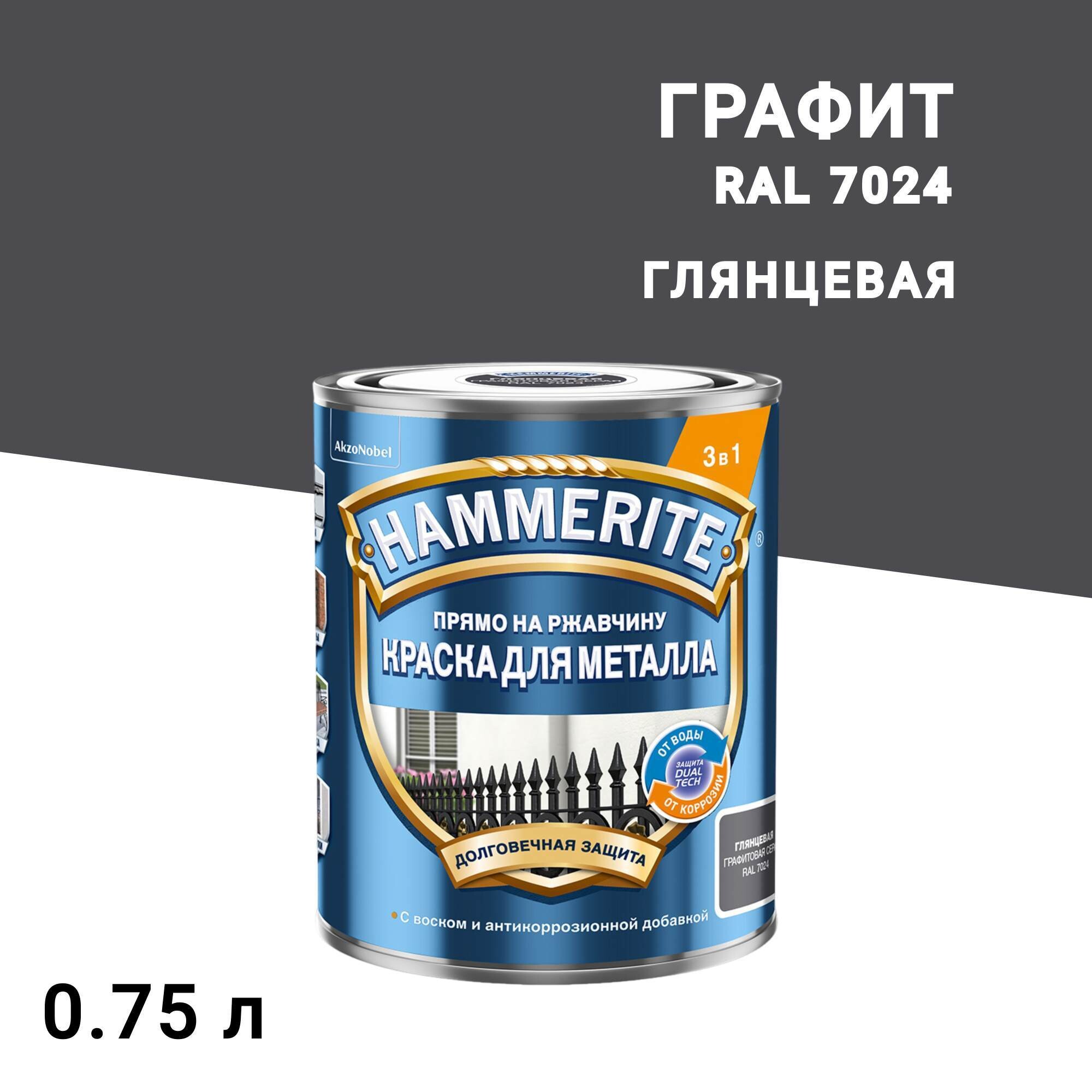 Грунт-эмаль по ржавчине 3в1 Hammerite графит RAL 7024 гладкая глянцевая 0,75 л - изображение 1