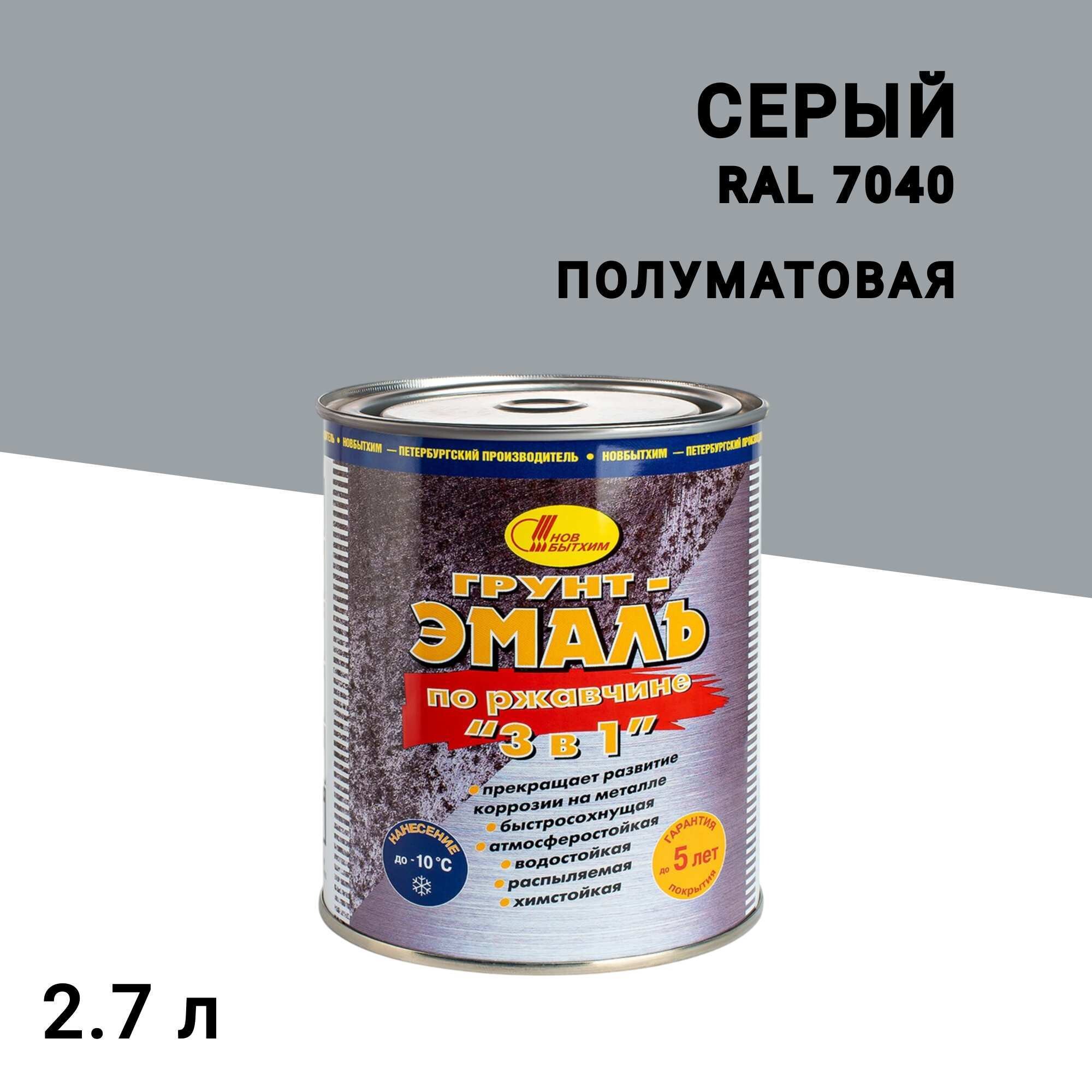 Грунт-эмаль по ржавчине 3в1 Новбытхим серая RAL 7040 полуматовая 2,7 л - изображение 1